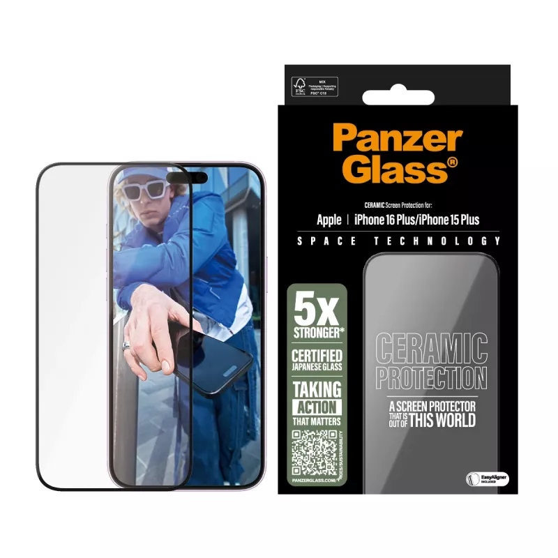 Proteção de ecrã cerâmica PanzerGlass ® para iPhone 16 Plus | 15 Plus | Ultra-Wide Fit com EasyAligner