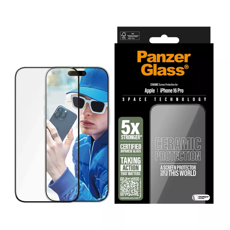 Película protetora de ecrã cerâmica PanzerGlass ® iPhone 16 Pro | Ultra-Wide Fit com EasyAligner