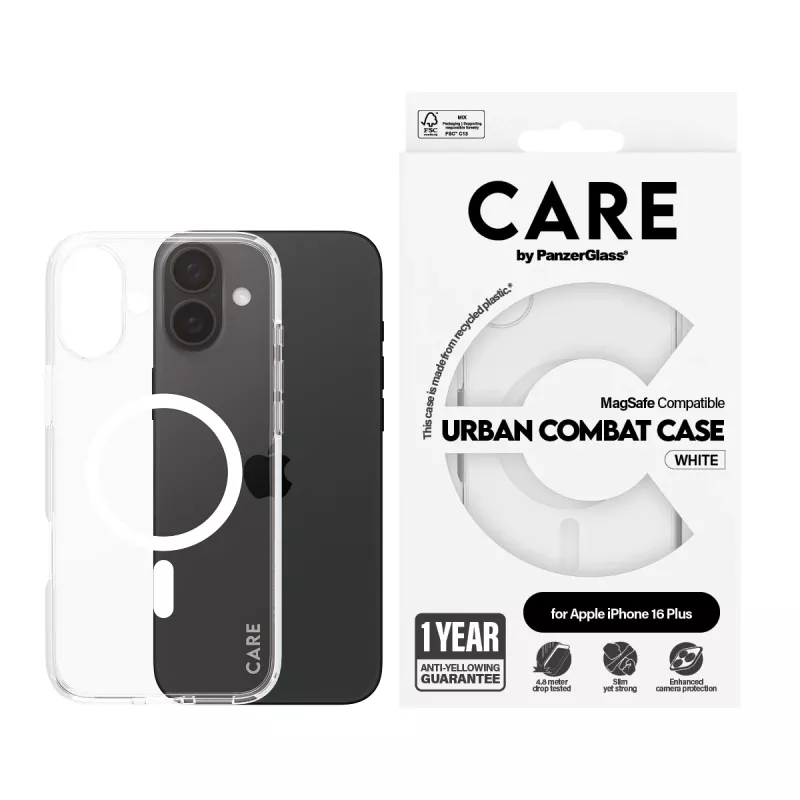 Capa PanzerGlass CARE™ by ® Urban Combat Transparente c. MagSafe Branco iPhone 16 Plus