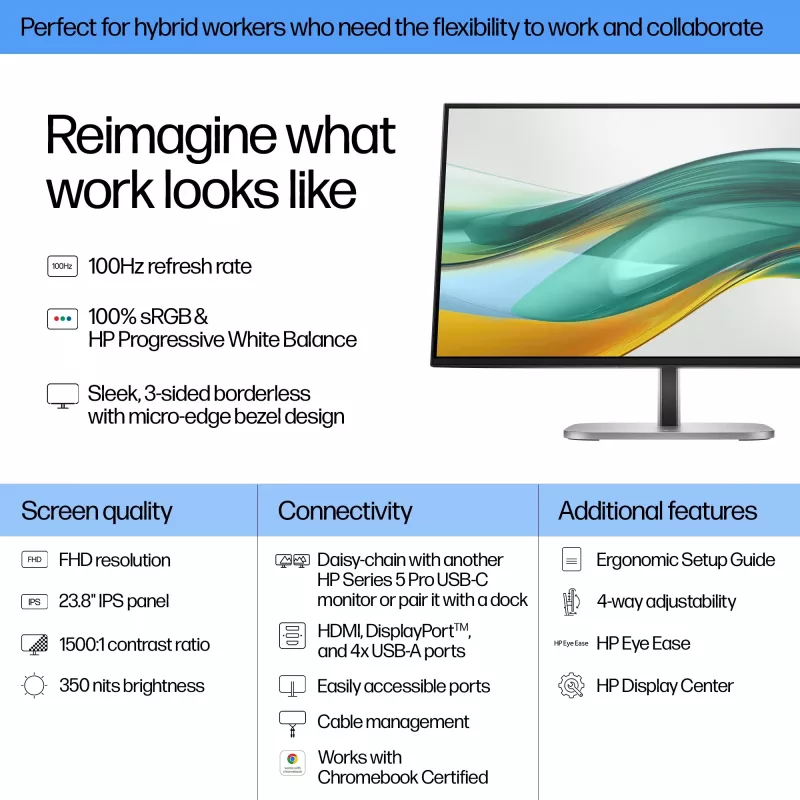 Monitor HP Series 5 Pro 23,8 polegadas FHD - 524pf, 60,5 cm (23,8 polegadas), 1920 x 1080 píxeis, Full HD, LCD, 5 ms, Preto, Prata