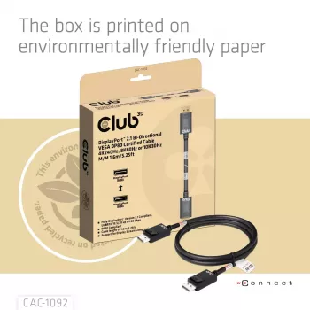 Cabo CLUB3D DisplayPort™ 2.1 bidirecional VESA DP80 certificado 4K240Hz, 8K60Hz ou 10K60Hz M/M 1.6m/5.25ft