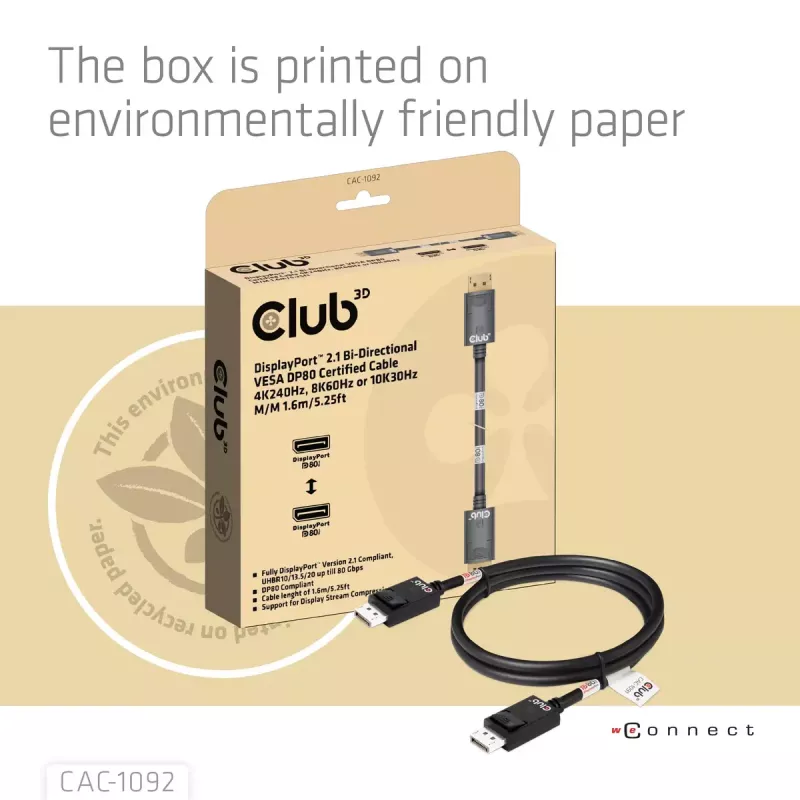 Cabo CLUB3D DisplayPort™ 2.1 bidirecional VESA DP80 certificado 4K240Hz, 8K60Hz ou 10K60Hz M/M 1.6m/5.25ft