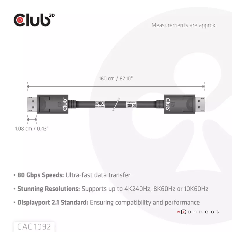 Cabo CLUB3D DisplayPort™ 2.1 bidirecional VESA DP80 certificado 4K240Hz, 8K60Hz ou 10K60Hz M/M 1.6m/5.25ft