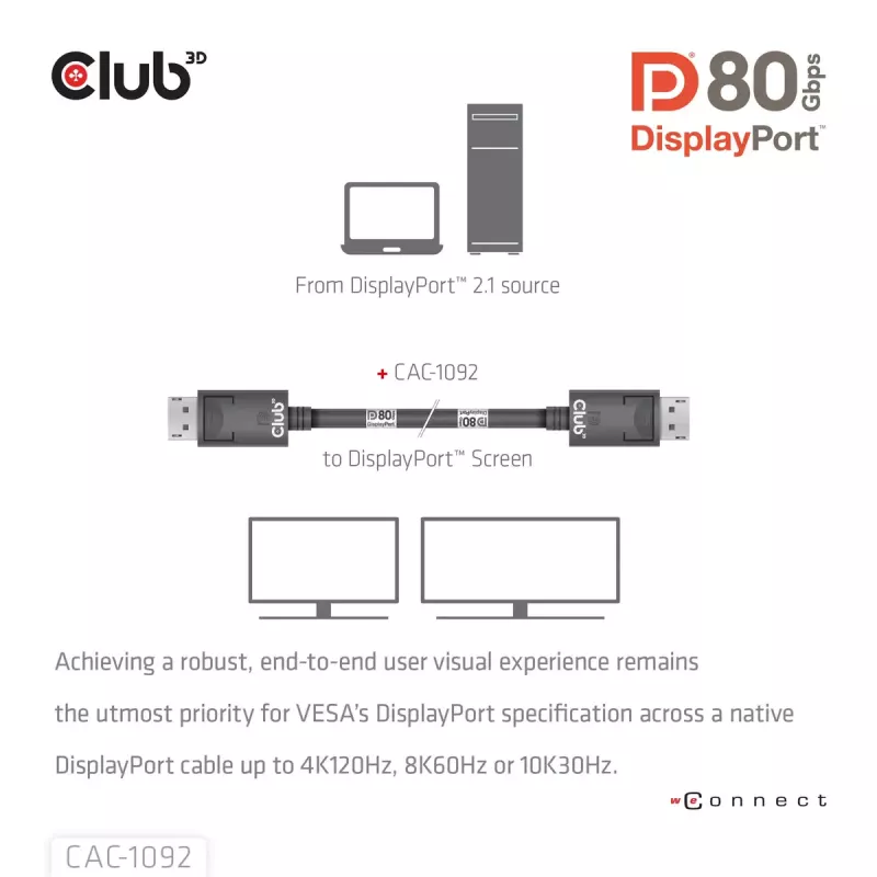 Cabo CLUB3D DisplayPort™ 2.1 bidirecional VESA DP80 certificado 4K240Hz, 8K60Hz ou 10K60Hz M/M 1.6m/5.25ft
