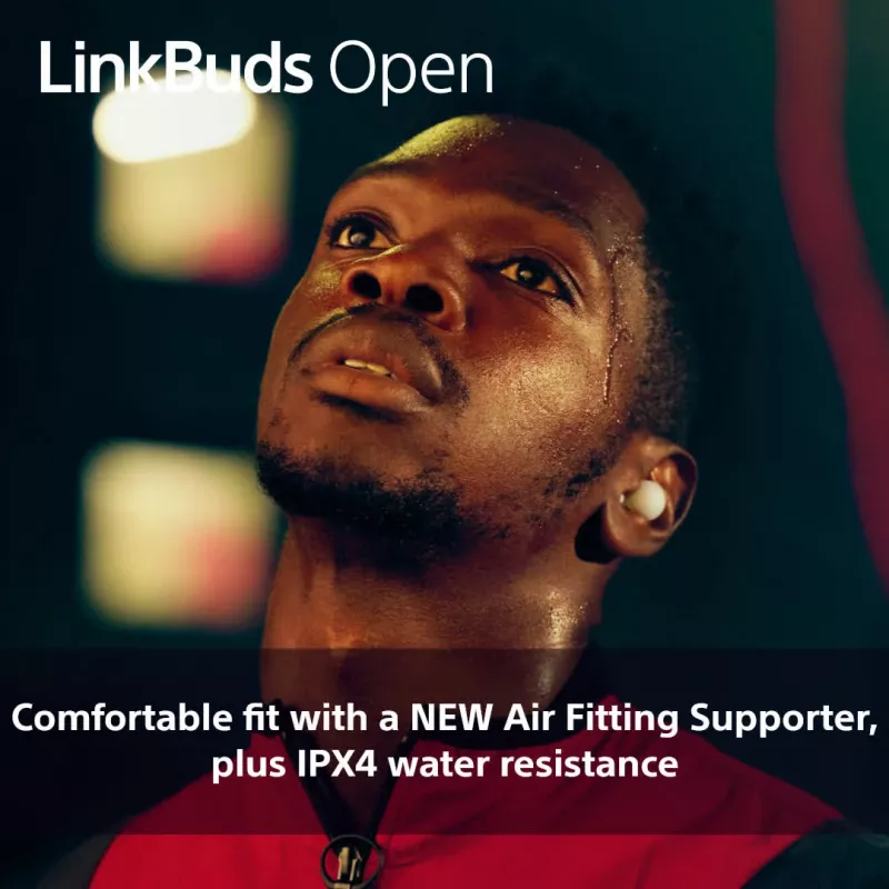 Headset Sony LinkBuds Open WFL910B — sem fios Bluetooth in-ear, 20–20.000 Hz, alcance 10 m, 63 g, preto