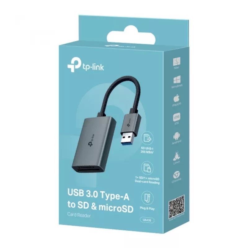 Leitor de cartões TP-LINK UA430 USB 3.2 Gen 1 Type-C — MicroSD / SD, cinzento