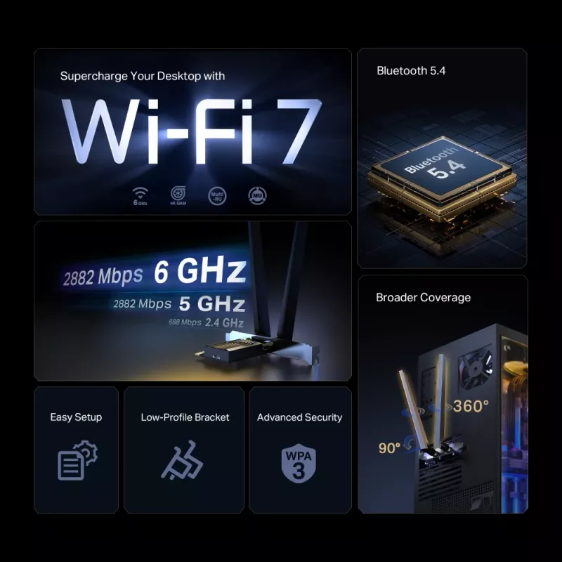 TP-Link BE6500 WLAN/Bluetooth interno 2880 Mbit/s Tri-band Wi-Fi 7