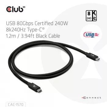 Cabo USB Type-C CLUB3D CAC-1570 1,2m — 80Gbps, 240W, suporta 8K@240Hz, preto