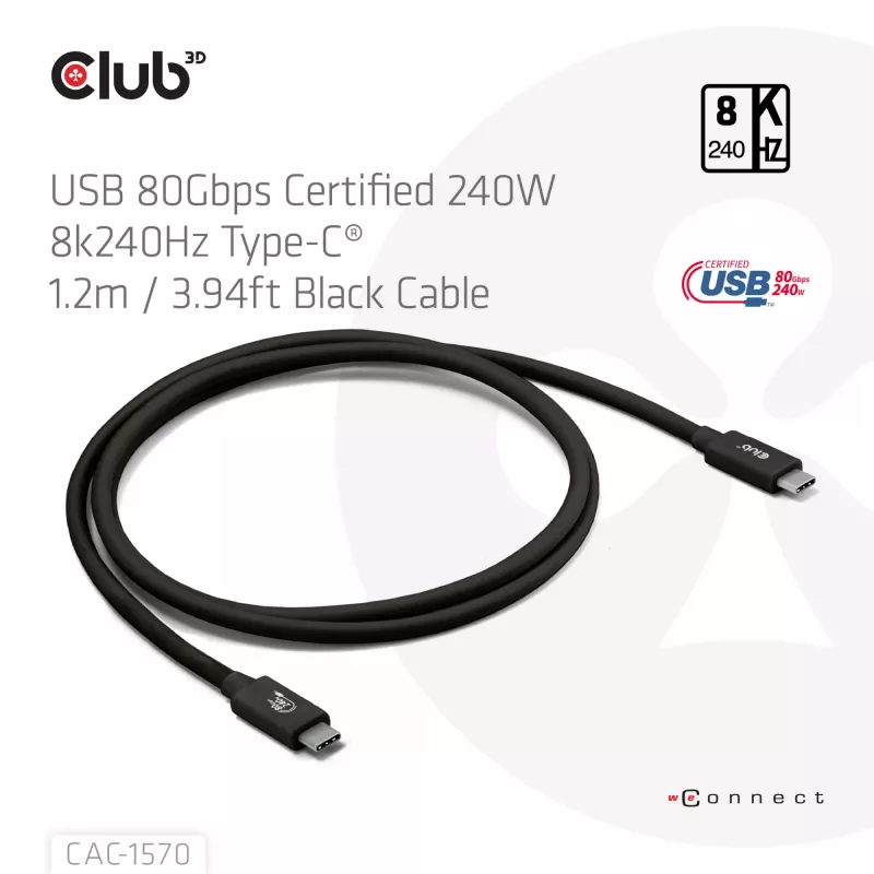 Cabo USB Type-C CLUB3D CAC-1570 1,2m — 80Gbps, 240W, suporta 8K@240Hz, preto