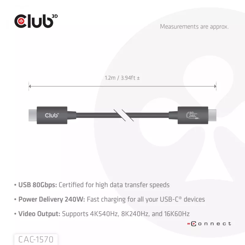 Cabo USB Type-C CLUB3D CAC-1570 1,2m — 80Gbps, 240W, suporta 8K@240Hz, preto