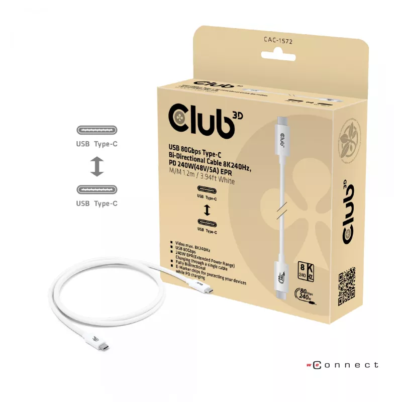 Club3D CAC-1572 cabo certificado USB 80 Gbps, USB-C para USB-C, 240 W PD, 8K240Hz, 1,2 m, branco