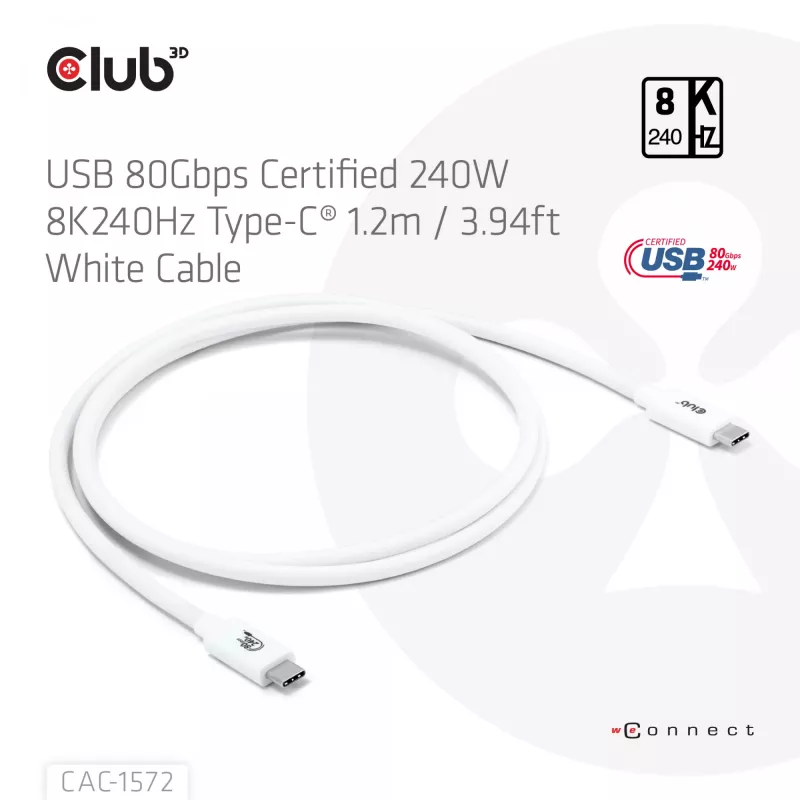 Club3D CAC-1572 cabo certificado USB 80 Gbps, USB-C para USB-C, 240 W PD, 8K240Hz, 1,2 m, branco