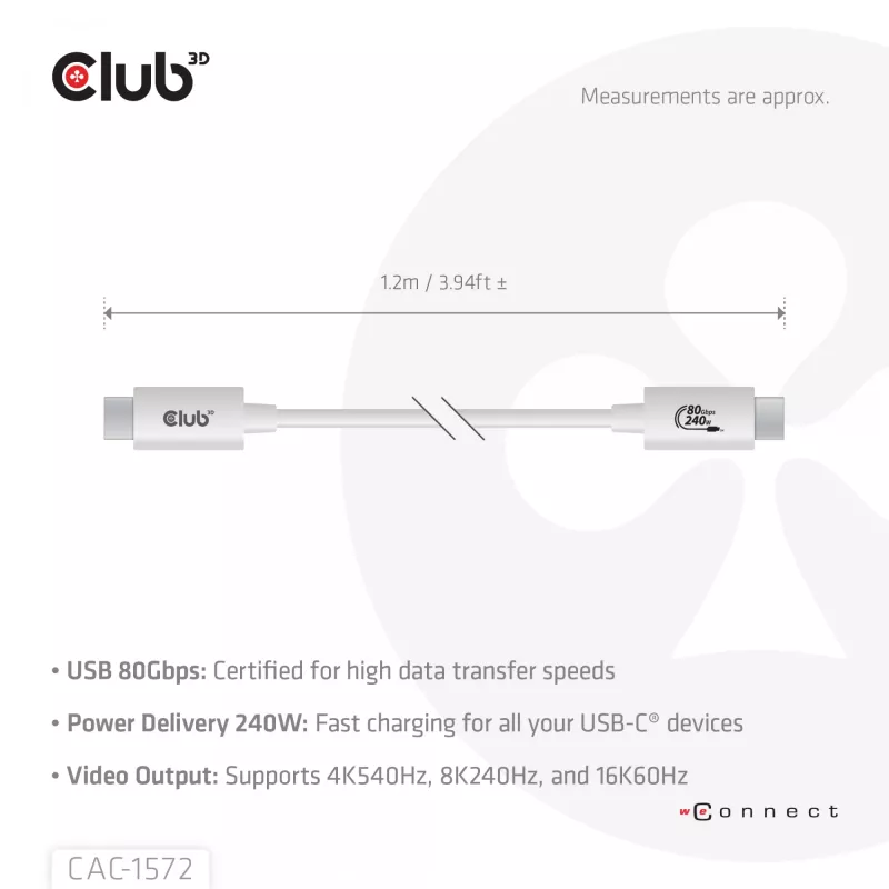 Club3D CAC-1572 cabo certificado USB 80 Gbps, USB-C para USB-C, 240 W PD, 8K240Hz, 1,2 m, branco