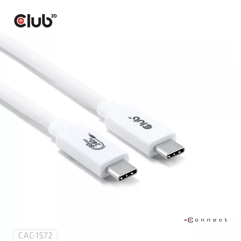 Club3D CAC-1572 cabo certificado USB 80 Gbps, USB-C para USB-C, 240 W PD, 8K240Hz, 1,2 m, branco
