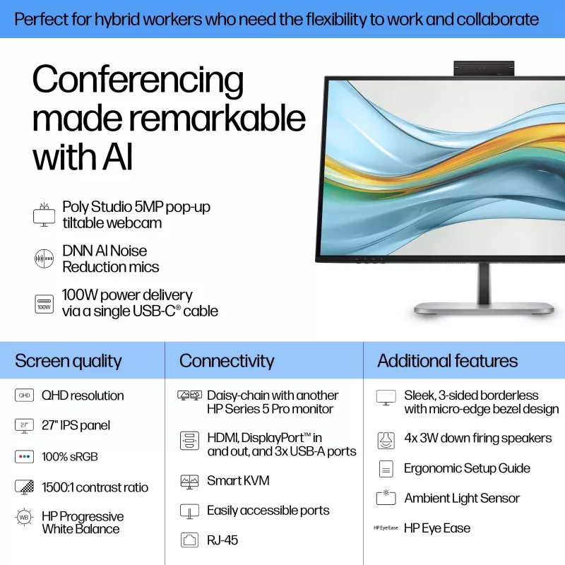 Monitor de conferência HP Series 5 Pro 27 polegadas QHD USB-C - 527pm, 68,6 cm (27 polegadas), 2560 x 1440 píxeis, Quad HD, LCD, 5 ms, preto