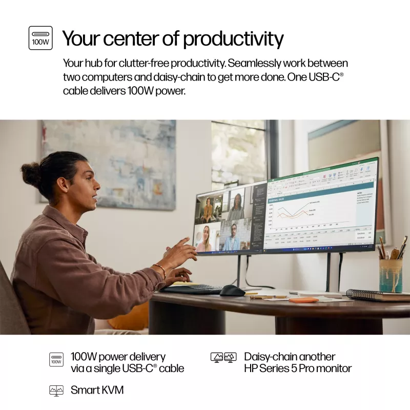 Monitor de conferência HP Series 5 Pro 27 polegadas QHD USB-C - 527pm, 68,6 cm (27 polegadas), 2560 x 1440 píxeis, Quad HD, LCD, 5 ms, preto