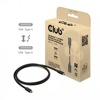 Cabo CLUB3D Thunderbolt™ 5 certificado 8K240Hz dados 80/120 Gbps EPR 240 Watt M/M 1m / 3,28ft