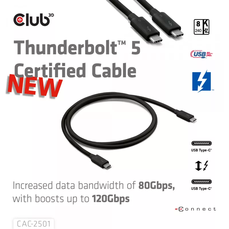 Cabo CLUB3D Thunderbolt™ 5 certificado 8K240Hz dados 80/120 Gbps EPR 240 Watt M/M 1m / 3,28ft