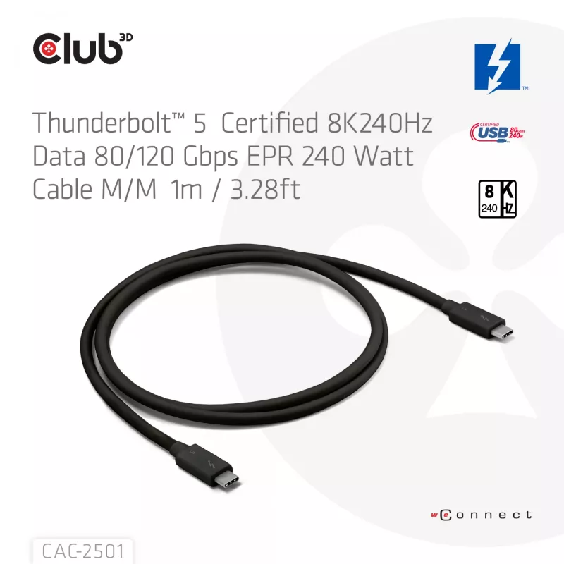Cabo CLUB3D Thunderbolt™ 5 certificado 8K240Hz dados 80/120 Gbps EPR 240 Watt M/M 1m / 3,28ft
