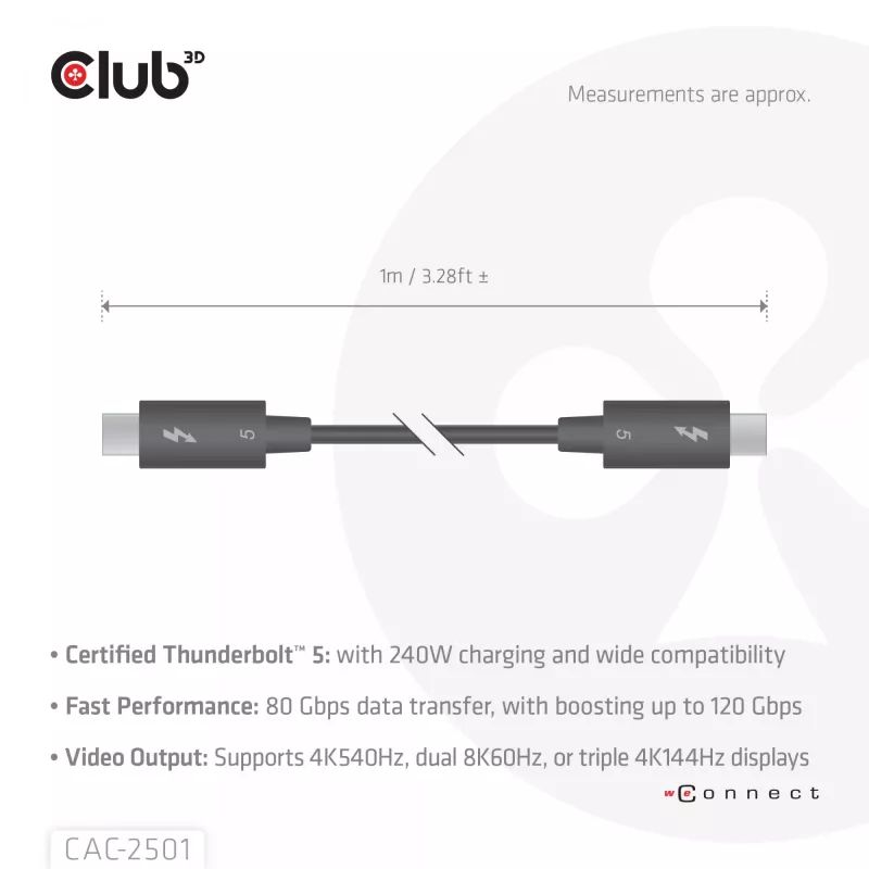 Cabo CLUB3D Thunderbolt™ 5 certificado 8K240Hz dados 80/120 Gbps EPR 240 Watt M/M 1m / 3,28ft