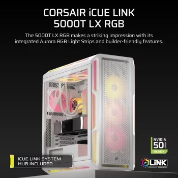 Caixa de PC CORSAIR - 5000T LX RGB Midi-Tower (vidro temperado) branca
