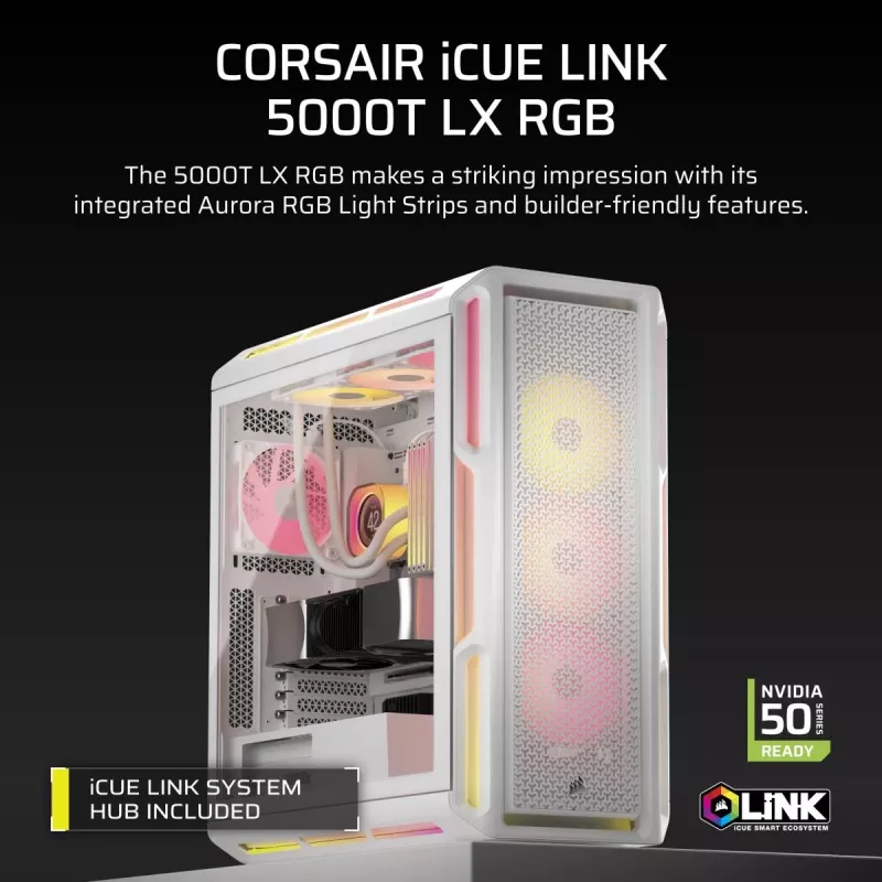 Caixa de PC CORSAIR - 5000T LX RGB Midi-Tower (vidro temperado) branca