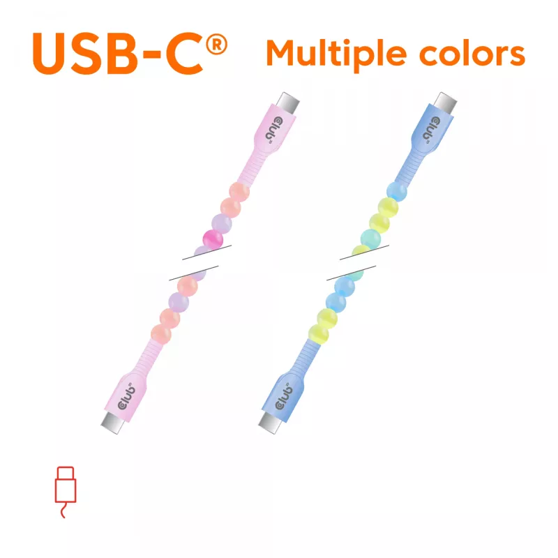 Club 3D CAC-3010 cabo de contas de USB-C para USB-C, 2 m, PD 60 W, 480 Mbps, rosa