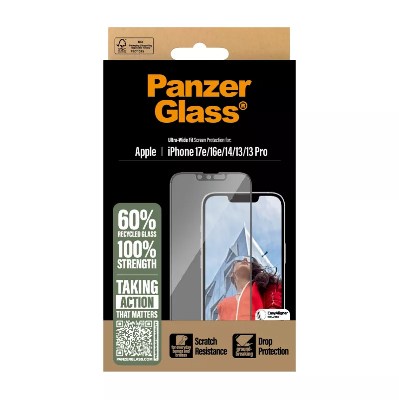 Película de proteção de ecrã PanzerGlass ® iPhone 17e | 16e | 14 | 13 | 13 Pro | Ultra-Wide Fit com EasyAligner
