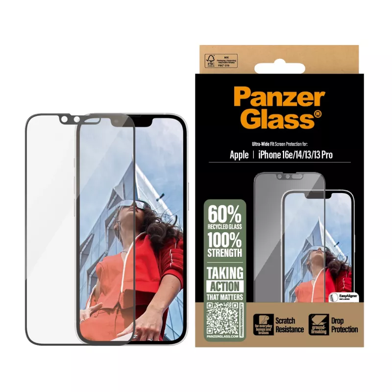 Película de proteção de ecrã PanzerGlass ® iPhone 17e | 16e | 14 | 13 | 13 Pro | Ultra-Wide Fit com EasyAligner