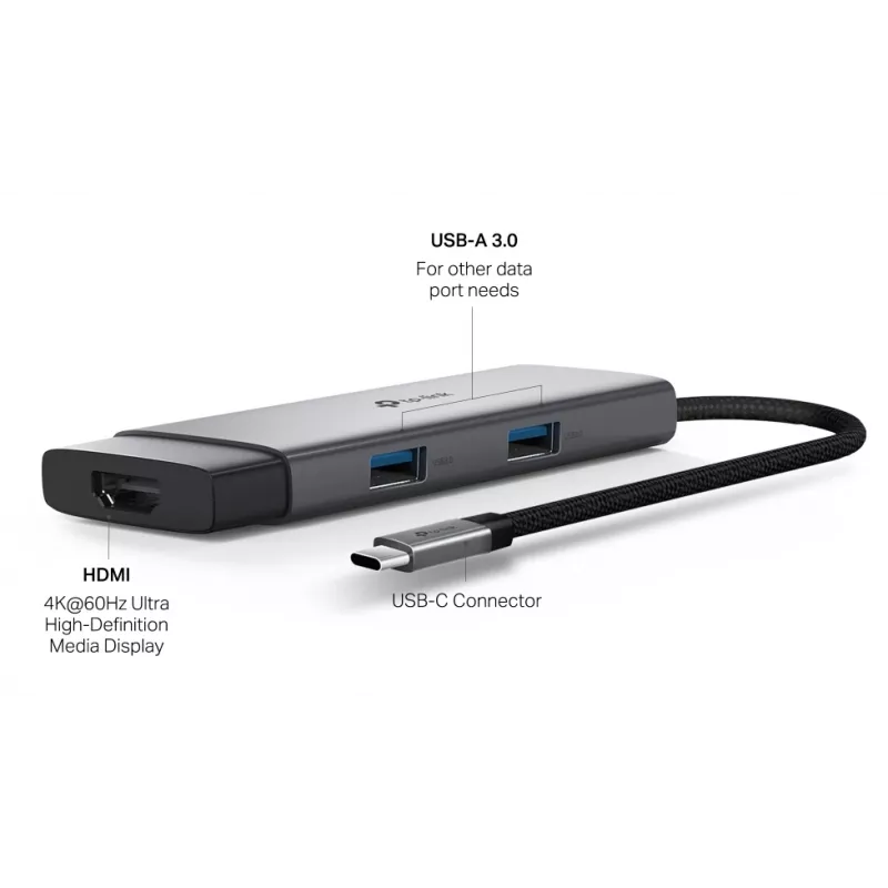 TP-Link UH5020C hub USB-C de 5 portas, HDMI 4K@60Hz, 100 W Power Delivery, 1x USB-C, 2x USB-A, 5 Gbps, alumínio, cinzento