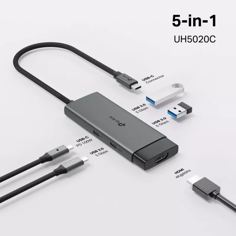 TP-Link UH5020C hub USB-C de 5 portas, HDMI 4K@60Hz, 100 W Power Delivery, 1x USB-C, 2x USB-A, 5 Gbps, alumínio, cinzento
