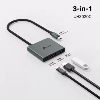 Hub USB Type-C TP-Link UH3020C — 3 portas (HDMI, USB-A, USB-C), 5 Gbit/s, HDMI 4K@60Hz, PD até 100W, alumínio, cabo de 0,18 m
