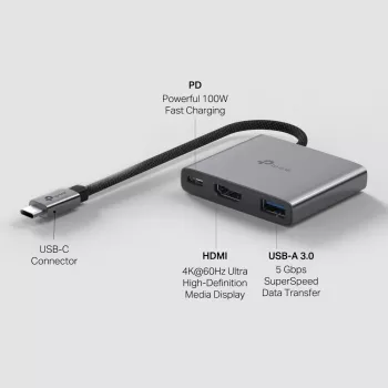 Hub USB Type-C TP-Link UH3020C — 3 portas (HDMI, USB-A, USB-C), 5 Gbit/s, HDMI 4K@60Hz, PD até 100W, alumínio, cabo de 0,18 m