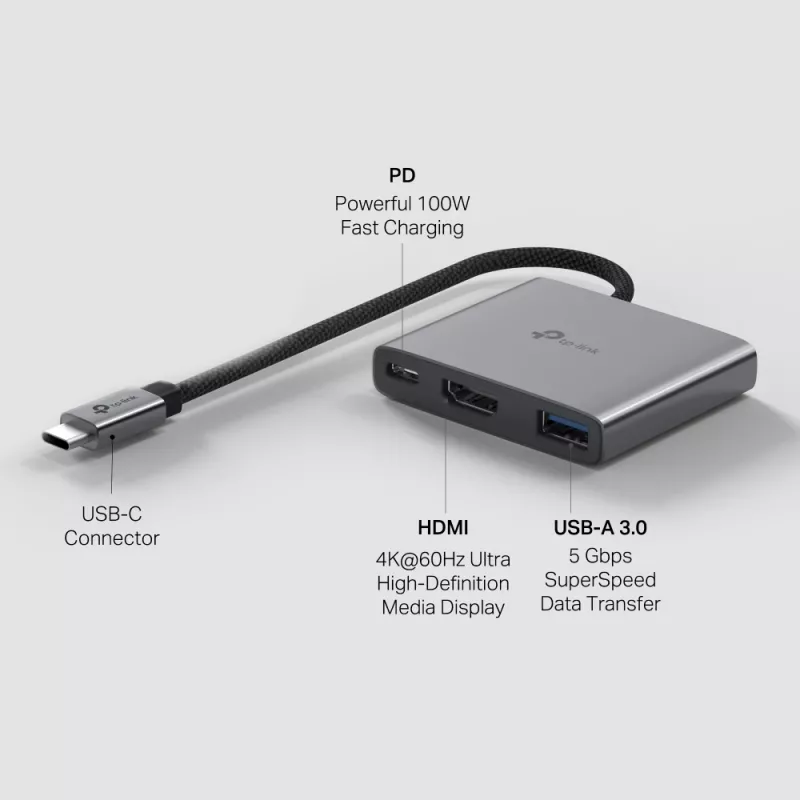 Hub USB Type-C TP-Link UH3020C — 3 portas (HDMI, USB-A, USB-C), 5 Gbit/s, HDMI 4K@60Hz, PD até 100W, alumínio, cabo de 0,18 m