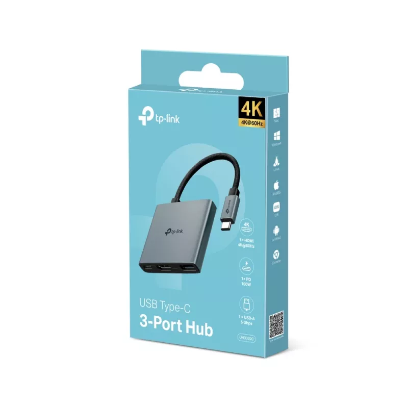 Hub USB Type-C TP-Link UH3020C — 3 portas (HDMI, USB-A, USB-C), 5 Gbit/s, HDMI 4K@60Hz, PD até 100W, alumínio, cabo de 0,18 m