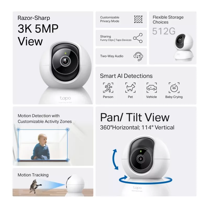 Câmara de segurança Wi-Fi TP-Link Tapo Pan/Tilt AI SPEC: 3K 5MP (2880×1620), 2,4 GHz, horizontal 360º