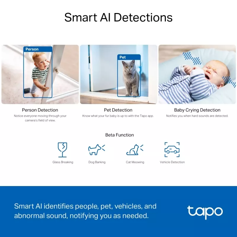 Câmara de segurança Wi-Fi TP-Link Tapo Pan/Tilt AI SPEC: 3K 5MP (2880×1620), 2,4 GHz, horizontal 360º