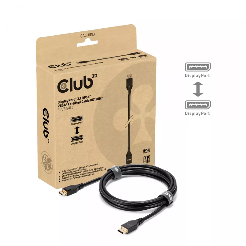 Cabo CLUB3D DisplayPort™ 2.1 DP54™ certificado VESA® 8K120Hz 3m/ 9.84ft