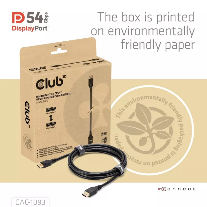 Cabo CLUB3D DisplayPort™ 2.1 DP54™ certificado VESA® 8K120Hz 3m/ 9.84ft