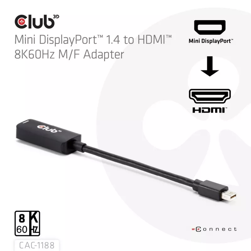 Adaptador club 3d Mini DisplayPort 1.4 para HDMI 8K60Hz M/F, ficha Mini DisplayPort