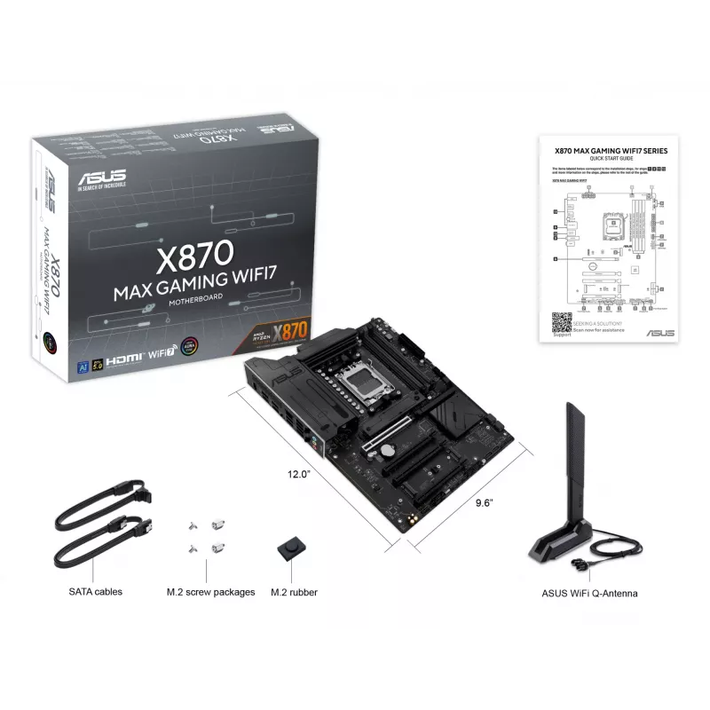 Placa-mãe ASUS X870 MAX GAMING WIFI7 ATX — AMD X870, Socket AM5, DDR5, 4 DIMM, 256 GB, Wi‑Fi 7, Bluetooth 5.4, 3 M.2, 2x USB4 Gen3x2