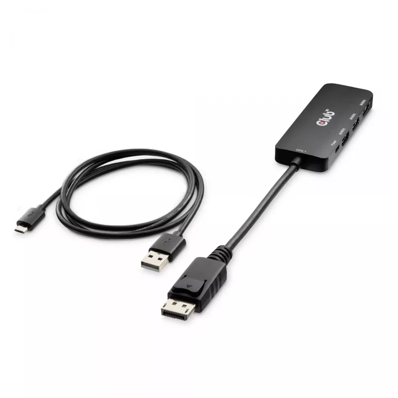 Club 3D CSV-7330 adaptador hub MST de DisplayPort 2.1 para 3x HDMI 2.1, 8K60Hz, 4K120Hz, 13,5 Gbps, HDR, HDCP 2.3, preto