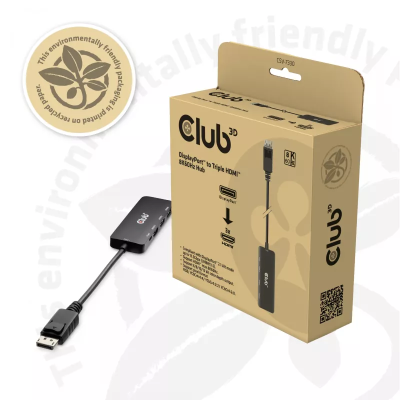 Club 3D CSV-7330 adaptador hub MST de DisplayPort 2.1 para 3x HDMI 2.1, 8K60Hz, 4K120Hz, 13,5 Gbps, HDR, HDCP 2.3, preto