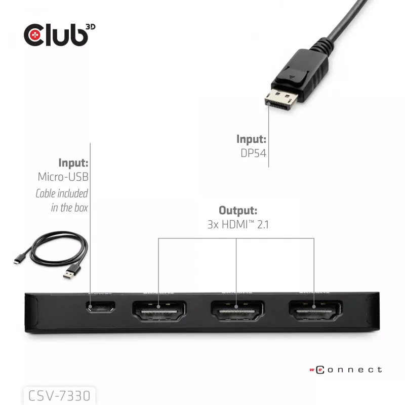 Club 3D CSV-7330 adaptador hub MST de DisplayPort 2.1 para 3x HDMI 2.1, 8K60Hz, 4K120Hz, 13,5 Gbps, HDR, HDCP 2.3, preto