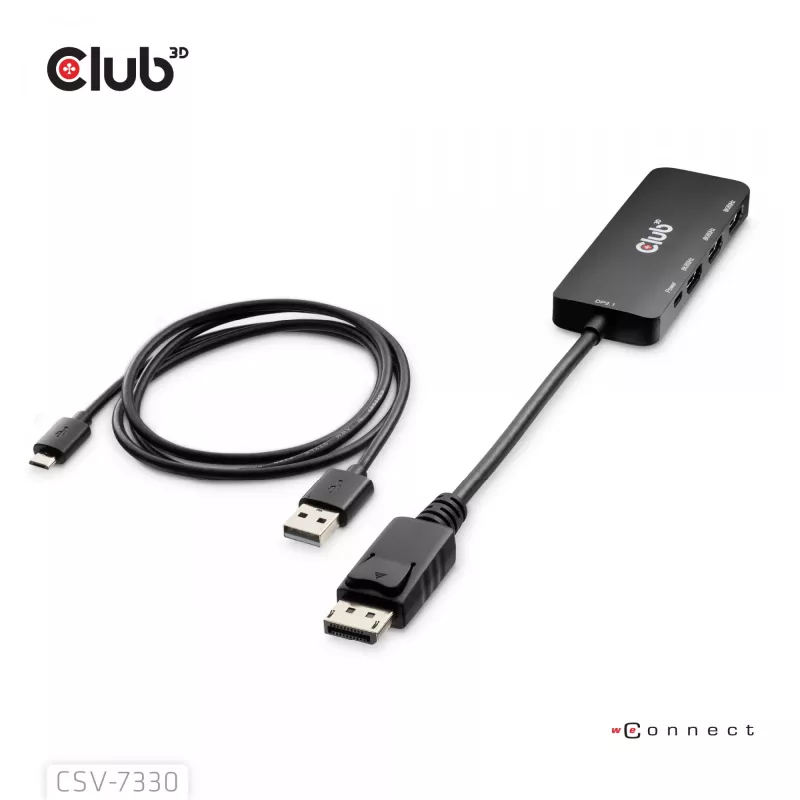 Club 3D CSV-7330 adaptador hub MST de DisplayPort 2.1 para 3x HDMI 2.1, 8K60Hz, 4K120Hz, 13,5 Gbps, HDR, HDCP 2.3, preto
