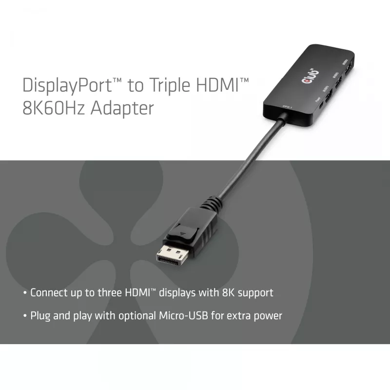 Club 3D CSV-7330 adaptador hub MST de DisplayPort 2.1 para 3x HDMI 2.1, 8K60Hz, 4K120Hz, 13,5 Gbps, HDR, HDCP 2.3, preto