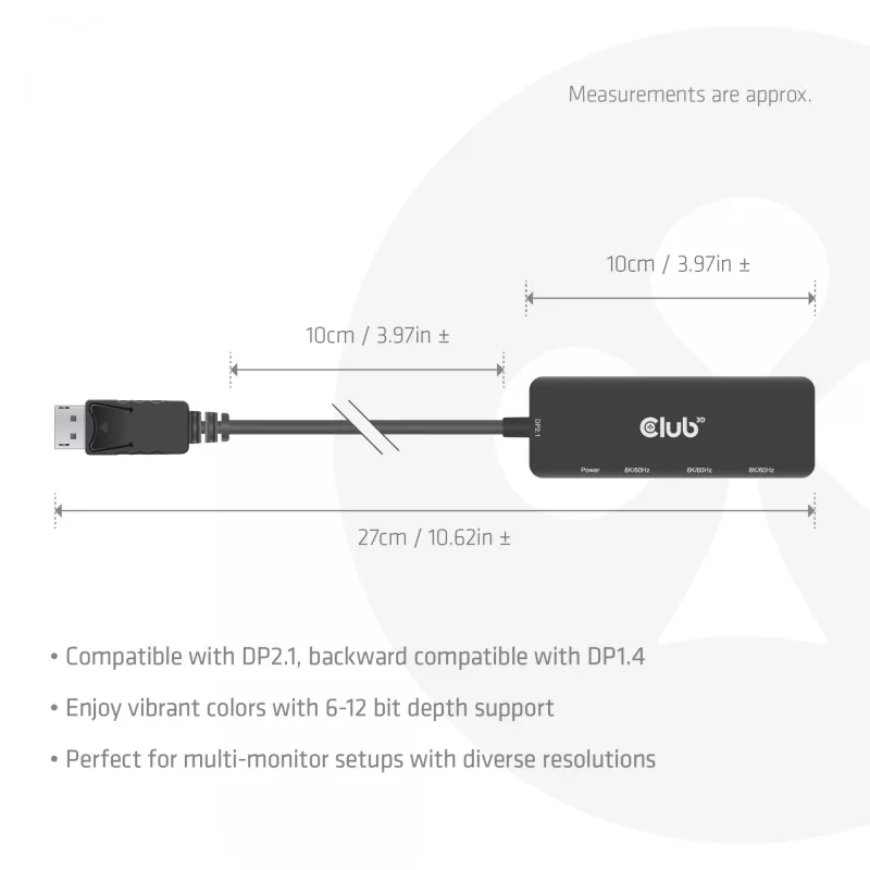 Club 3D CSV-7330 adaptador hub MST de DisplayPort 2.1 para 3x HDMI 2.1, 8K60Hz, 4K120Hz, 13,5 Gbps, HDR, HDCP 2.3, preto