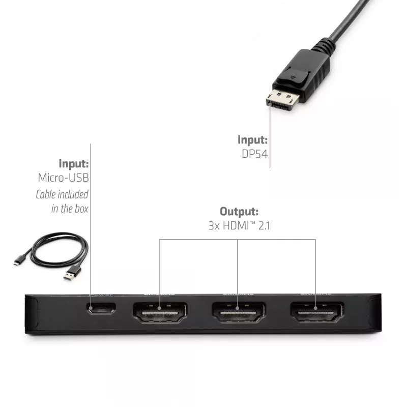 Club 3D CSV-7330 adaptador hub MST de DisplayPort 2.1 para 3x HDMI 2.1, 8K60Hz, 4K120Hz, 13,5 Gbps, HDR, HDCP 2.3, preto