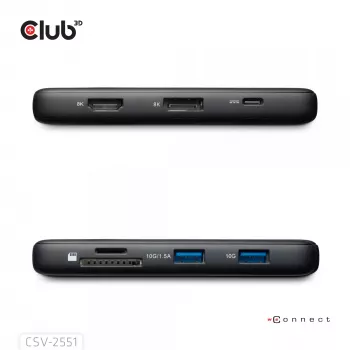 Dock portátil CLUB3D 8-1 USB Type-C® 10Gbps para HDMI™ e DisplayPort™ 8K30Hz PD máx. 100Watt