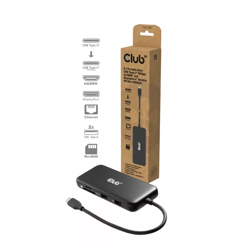Dock portátil CLUB3D 8-1 USB Type-C® 10Gbps para HDMI™ e DisplayPort™ 8K30Hz PD máx. 100Watt
